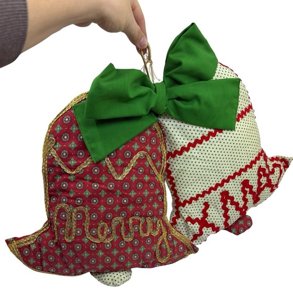 Vintage Handmade Plush Cloth Merry Christmas Bells Bow Holiday Decorations - Picture 3 of 13